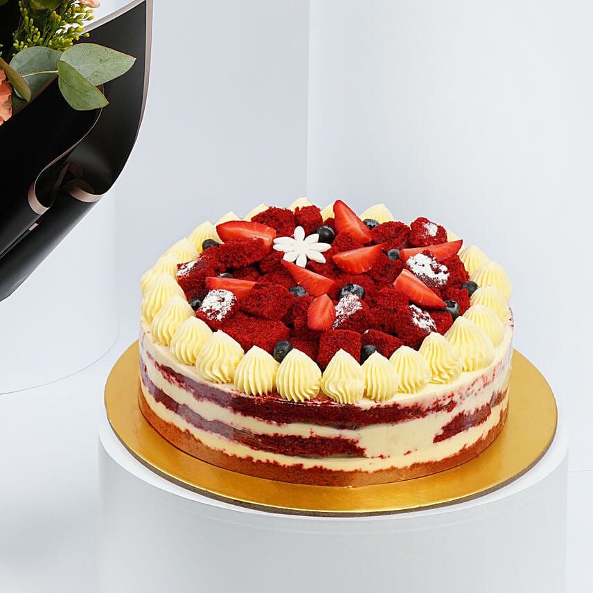 Red Velvet Cake with Fresh Fruit n Flowers