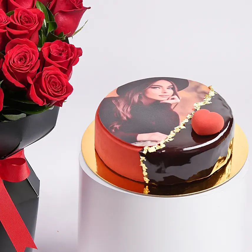 Red Velvet Whispers Of Roses With Photo Cake