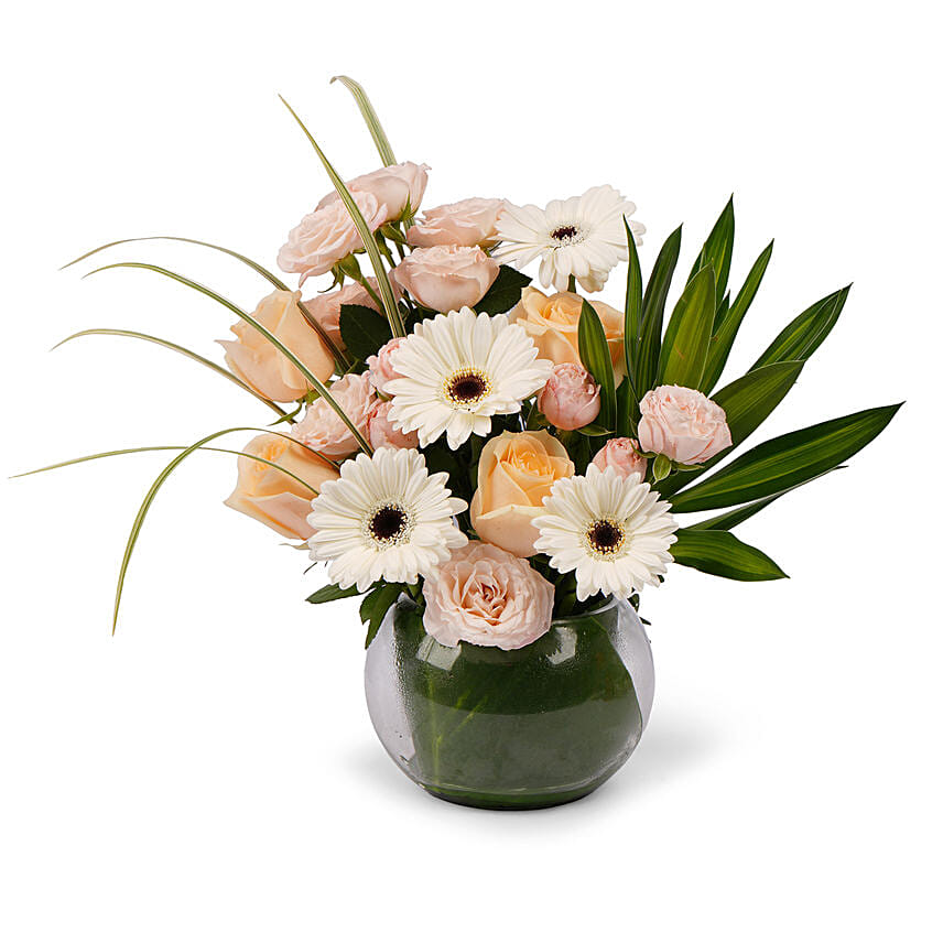 Romantic Peach Roses And White Gerbera Bowl