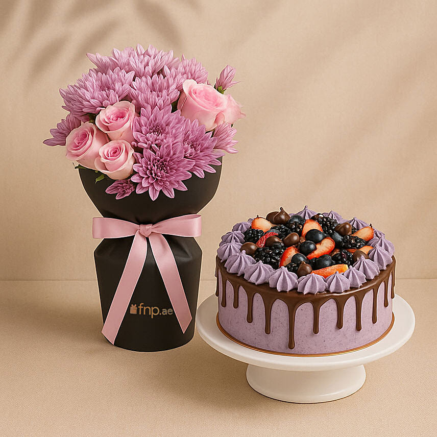 Rose and Chrysanthemum Bouquet with Chocolate Berry Cake