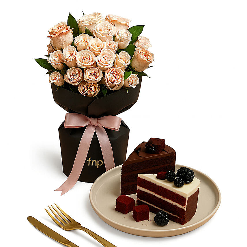 Roses Beauty Arrangement with Red Velvet And Truffle Slice Combo