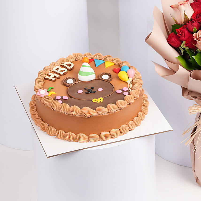 Roses Bouquet with Teddy Birthday Chocolate Cake