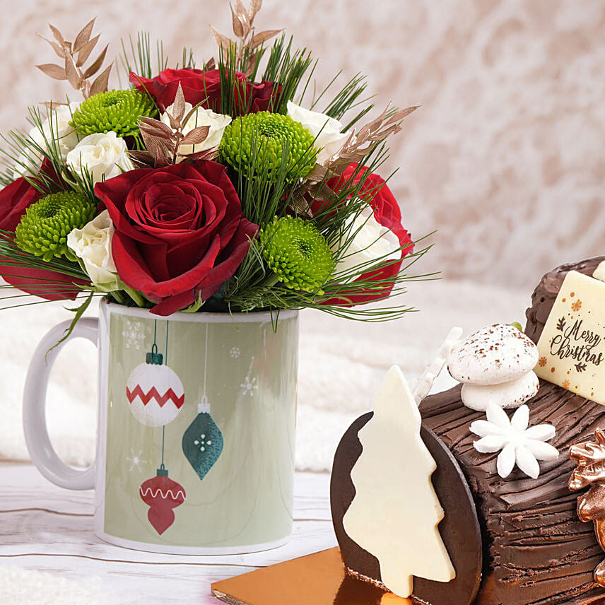 Seasons Greetings Flower Mug With Log Cake