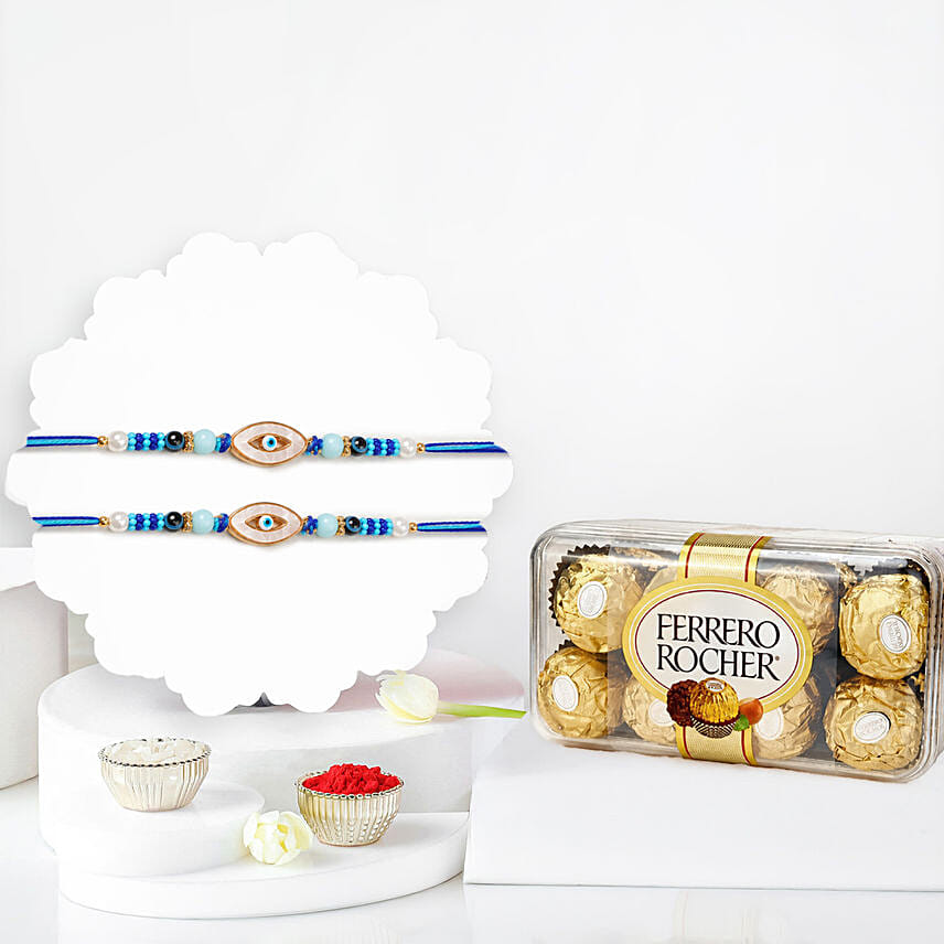 Signature Evil Eye Rakhi Pair With Ferrero Rocher 16 Pcs