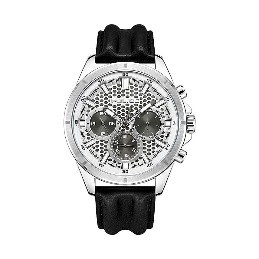 Silver Dial Watch By Police For Him With Flower Bouquet
