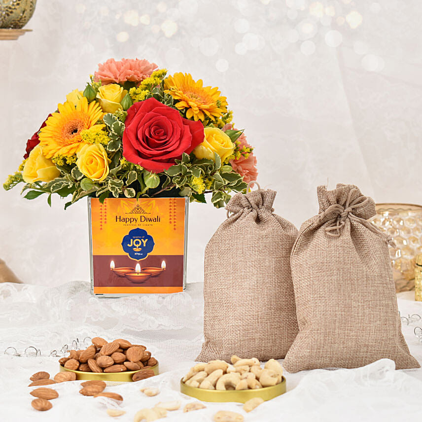 Sparks of Joy Diwali Flower Arrangement With Nuts