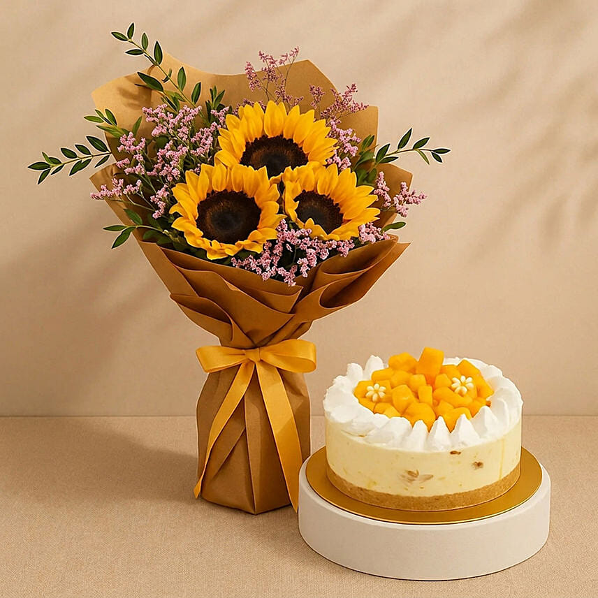 Sunflower Bouquet With Mango Cheese Cake