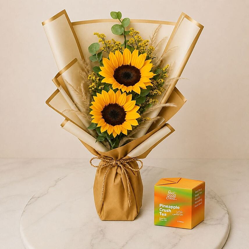 Sunflowers with Feel Good Tea Box