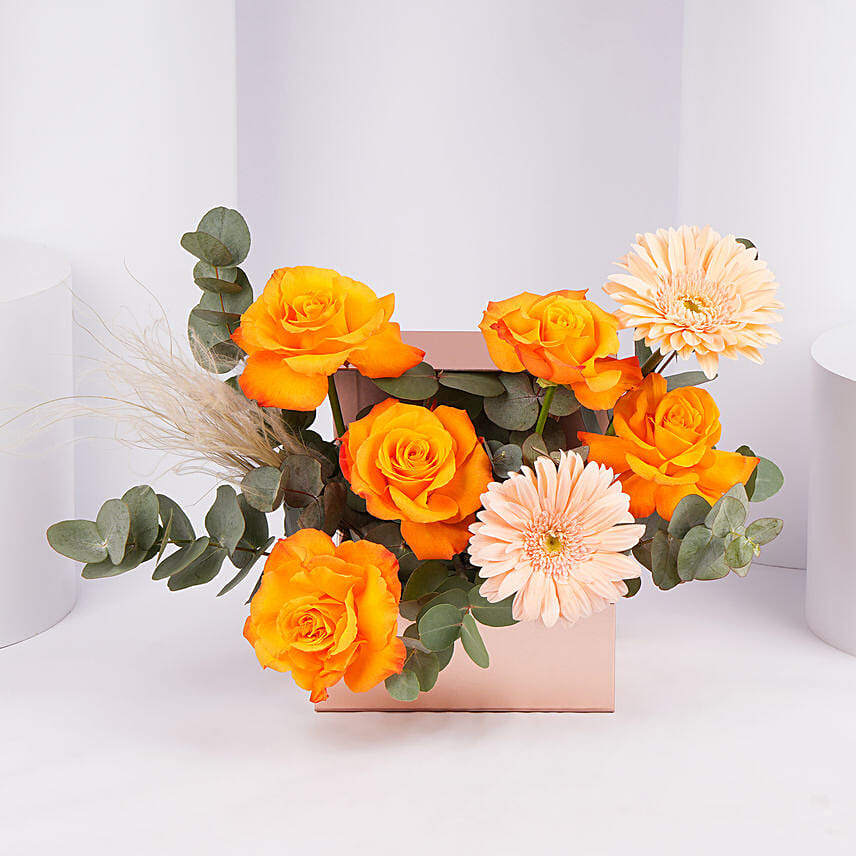 Sunset Orange Rose And Gerbera Gift Box
