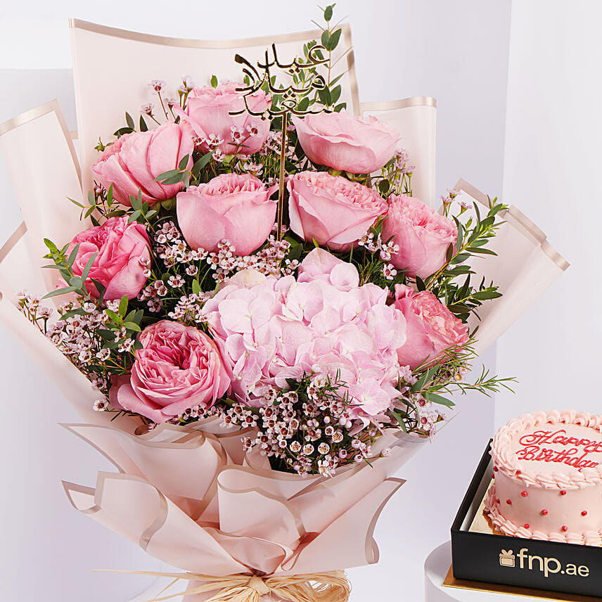 Sweet Pink Roses with Red Velvet Cake