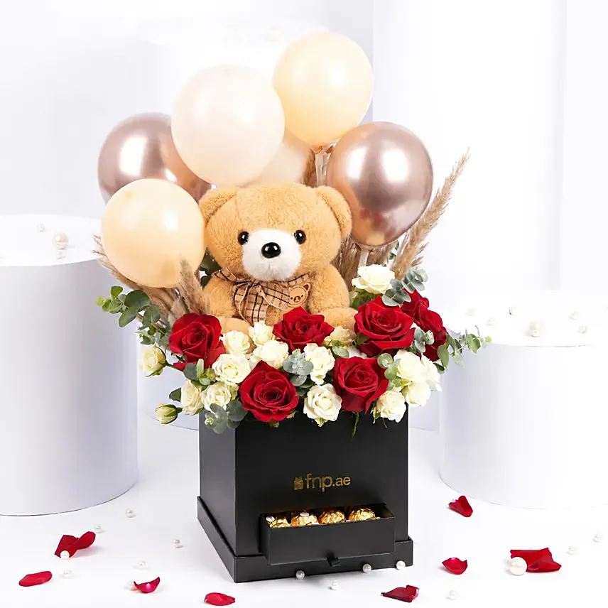 Teddy Balloon and Flower Box with Chocolates