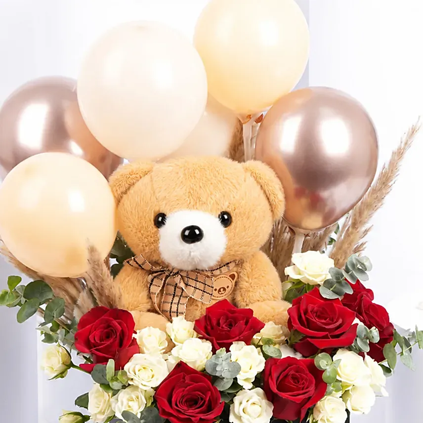 Teddy Balloon and Flower Box with Chocolates