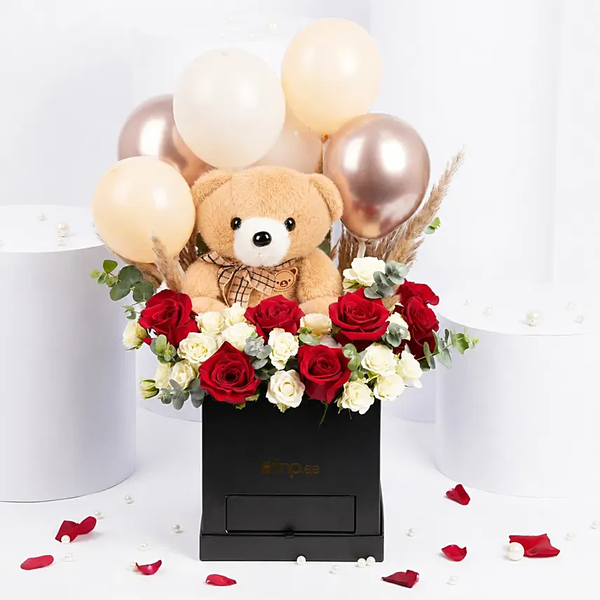 Teddy Balloon and Flower Box with Chocolates