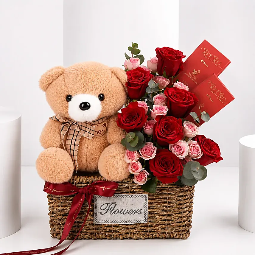 Teddy Bear With Red Roses Basket Arrangement