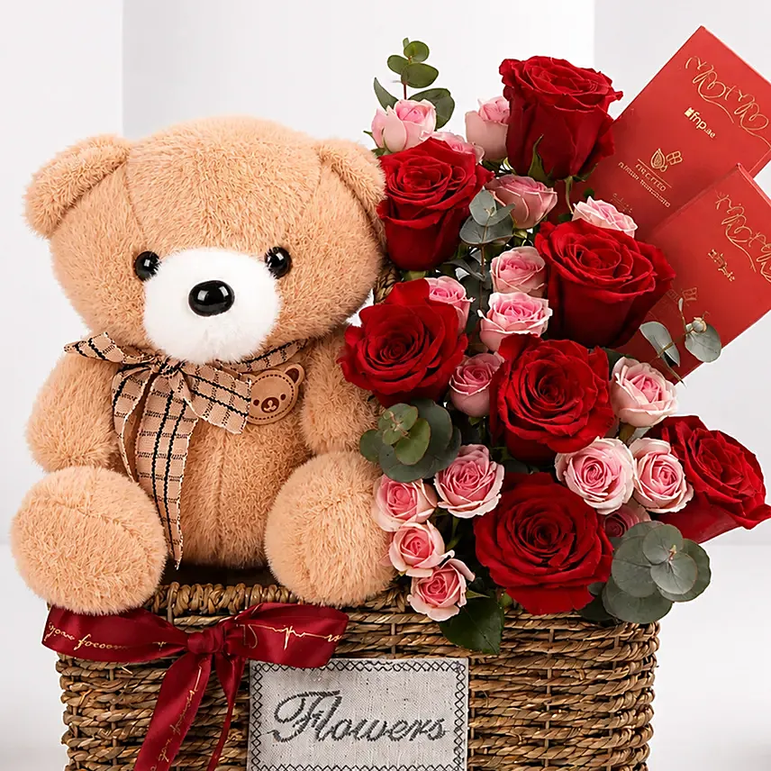 Teddy Bear With Red Roses Basket Arrangement
