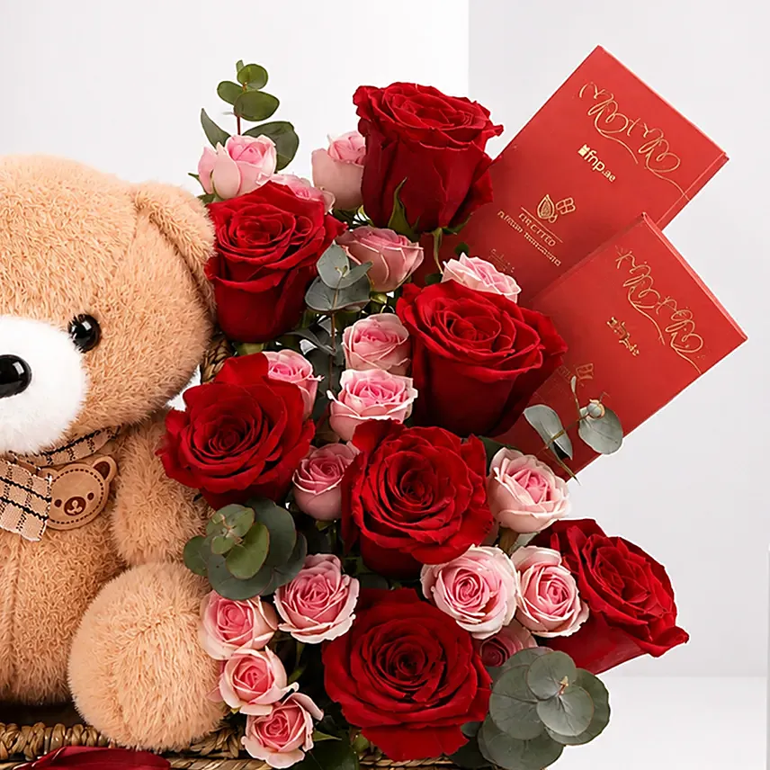 Teddy Bear With Red Roses Basket Arrangement