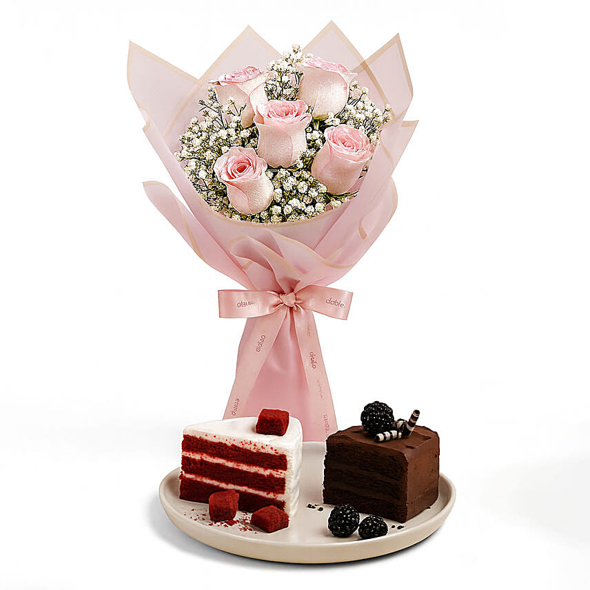 Tender Pink Roses Bouquet with Red Velvet And Truffle Slice Combo