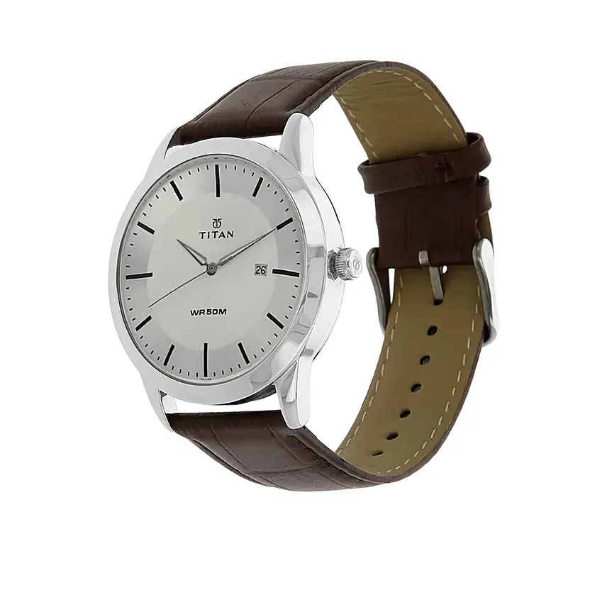 Titan Classic Silver Dial Leather Strap Watch For Him