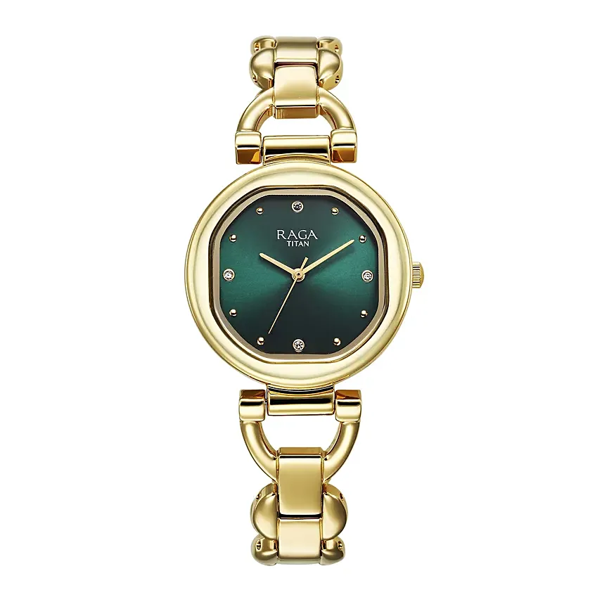 Titan Green Dial Watch with Fresh Floral Basket For Her