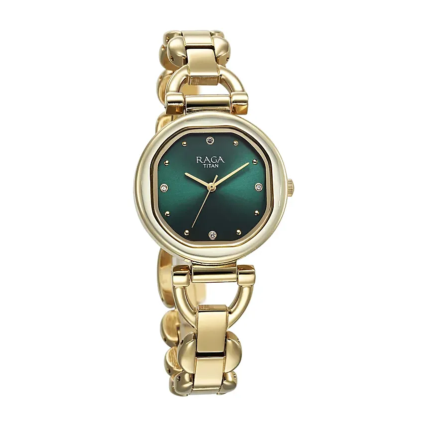 Titan Green Dial Watch with Fresh Floral Basket For Her
