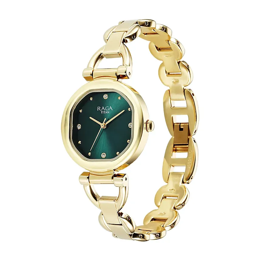 Titan Green Dial Watch with Fresh Floral Basket For Her