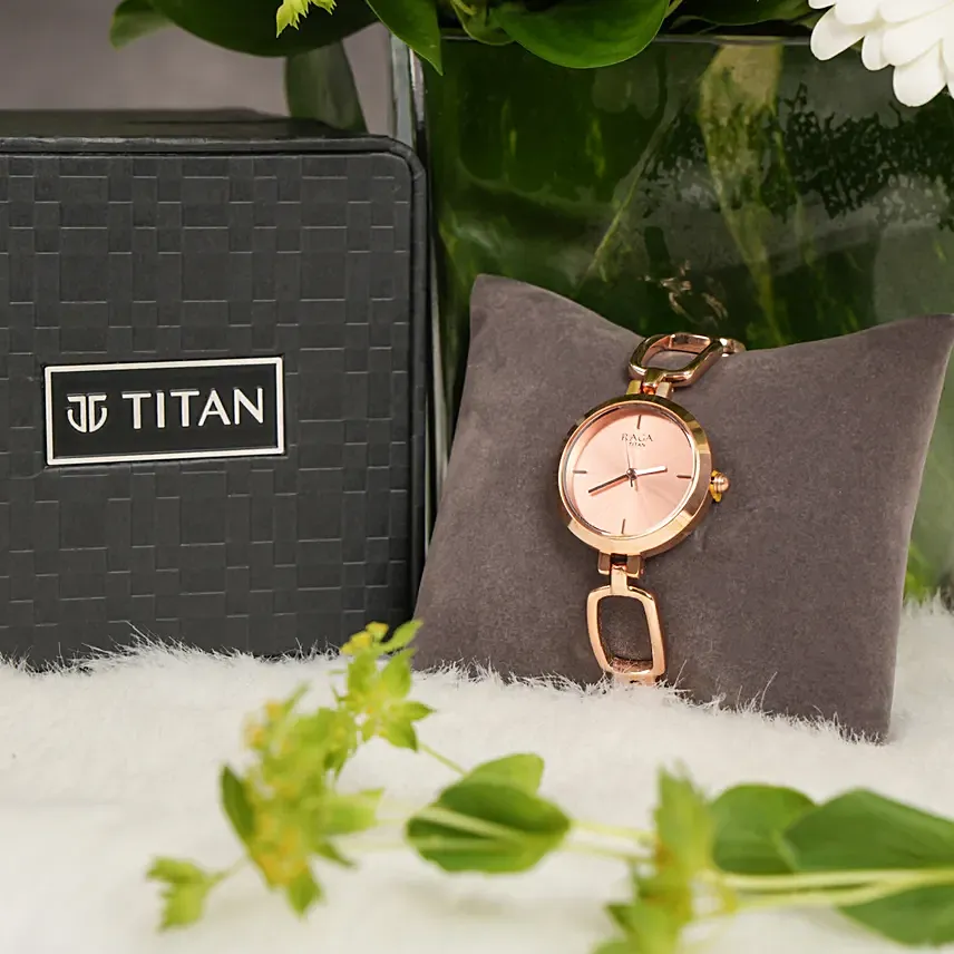 Titan Raga Watch For Her: Rose Gold, Vase & Flowers