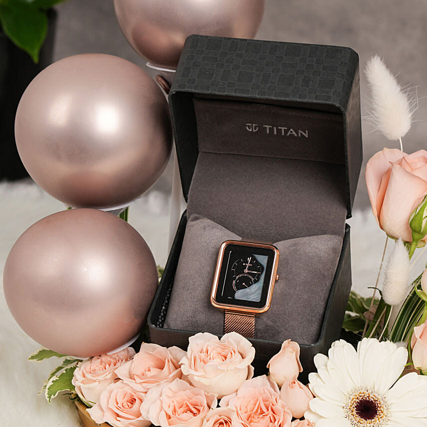Titan Wander black Mother of pearl strap watch gift arrangment for her