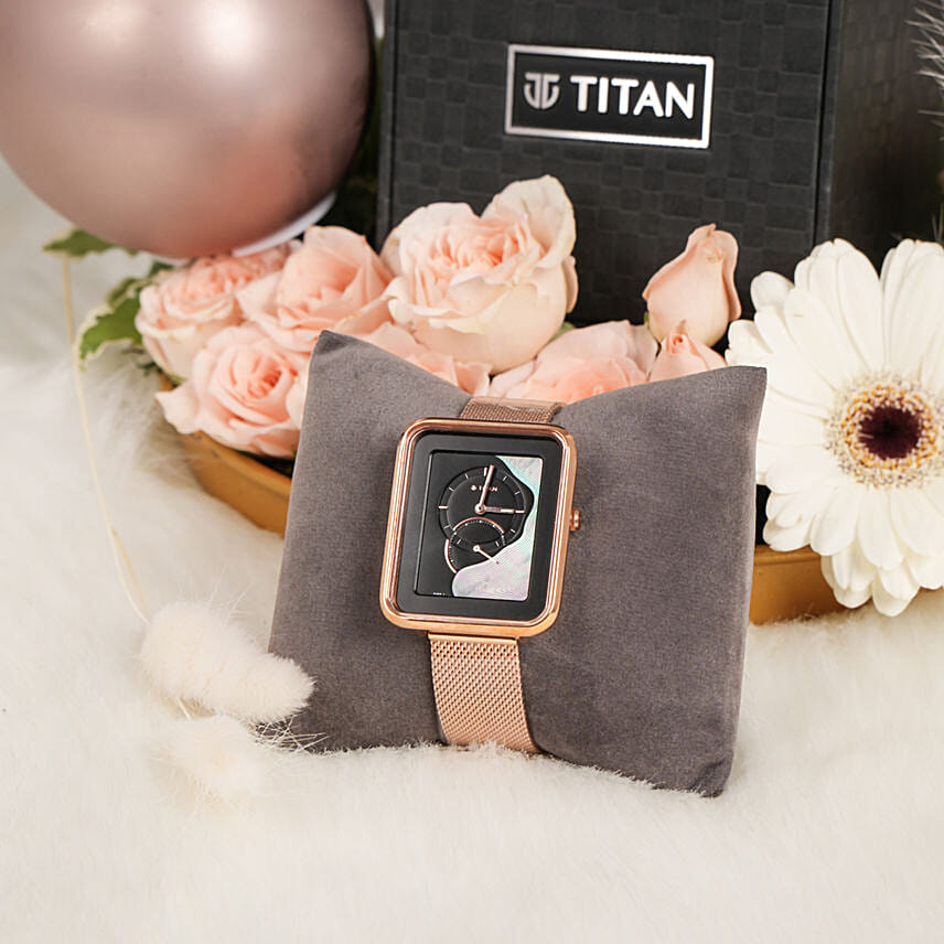 Titan Wander black Mother of pearl strap watch gift arrangment for her