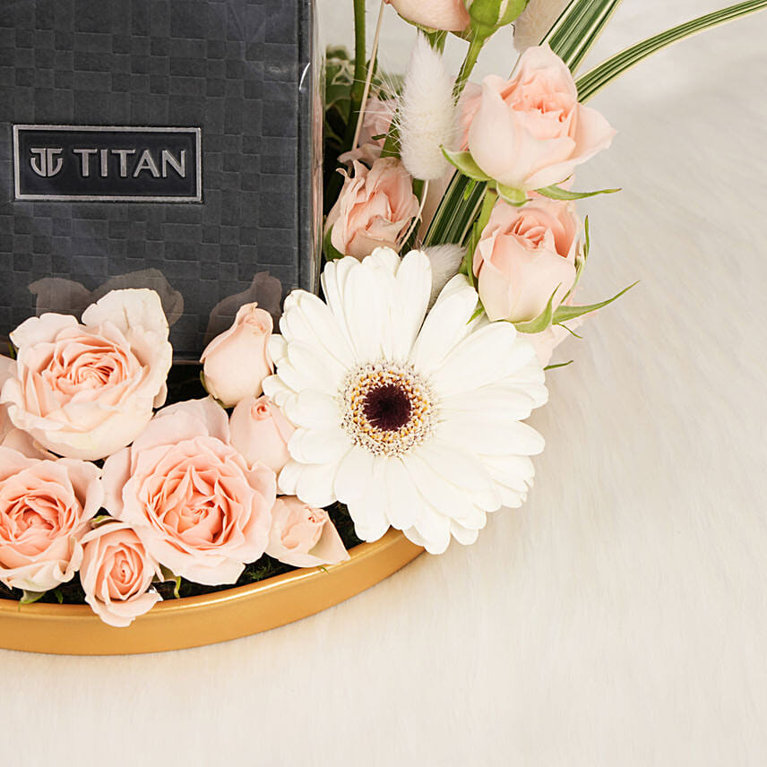 Titan Wander black Mother of pearl strap watch gift arrangment for her