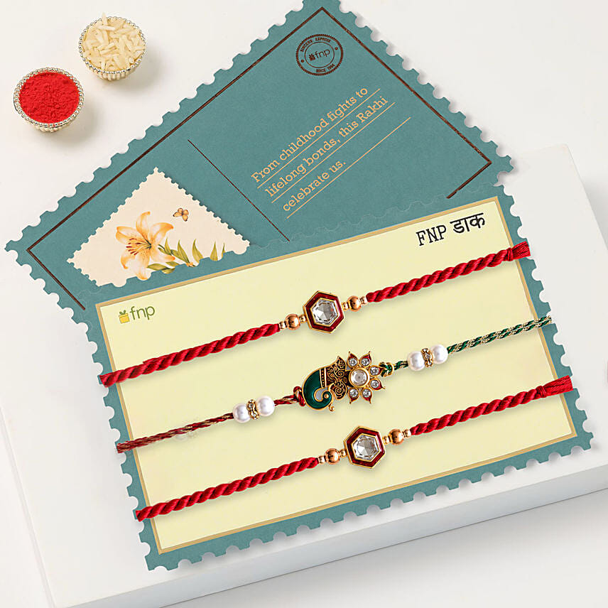 Traditional Ethnic Rakhi Set Of 3 With Ferrero Rocher 3 Pcs