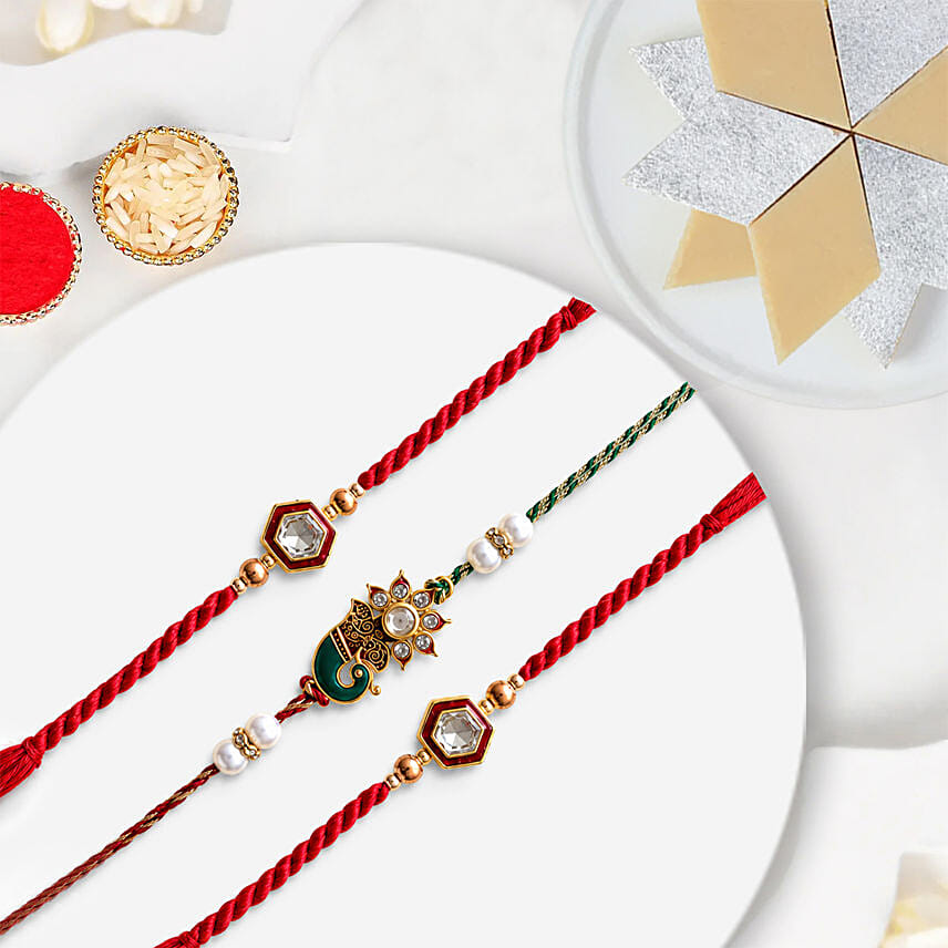 Traditional Ethnic Rakhi Set Of 3 With Kaju Katli
