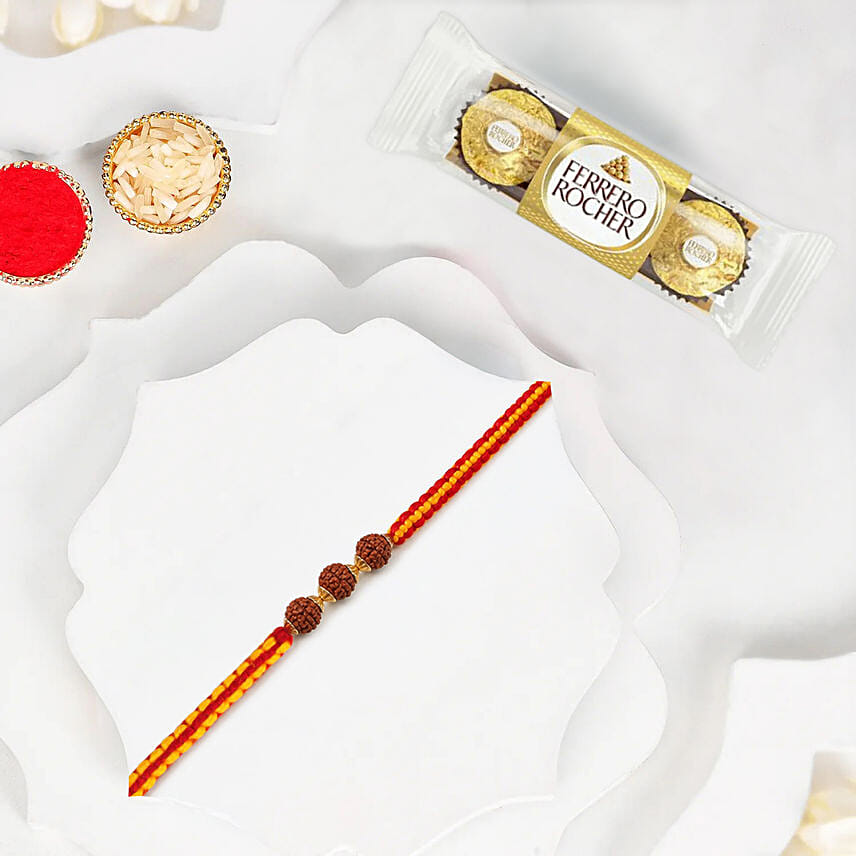 Traditional Rudraksha Rakhi With Ferrero Rocher 3 Pcs