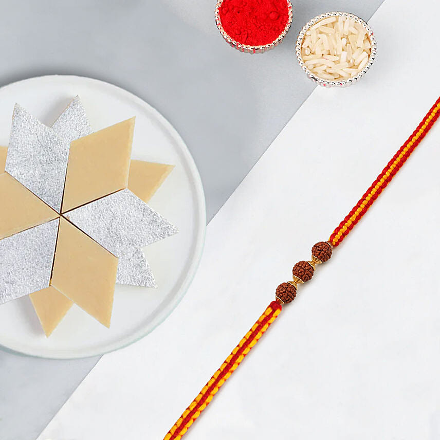 Traditional Rudraksha Rakhi With Kaju Katli