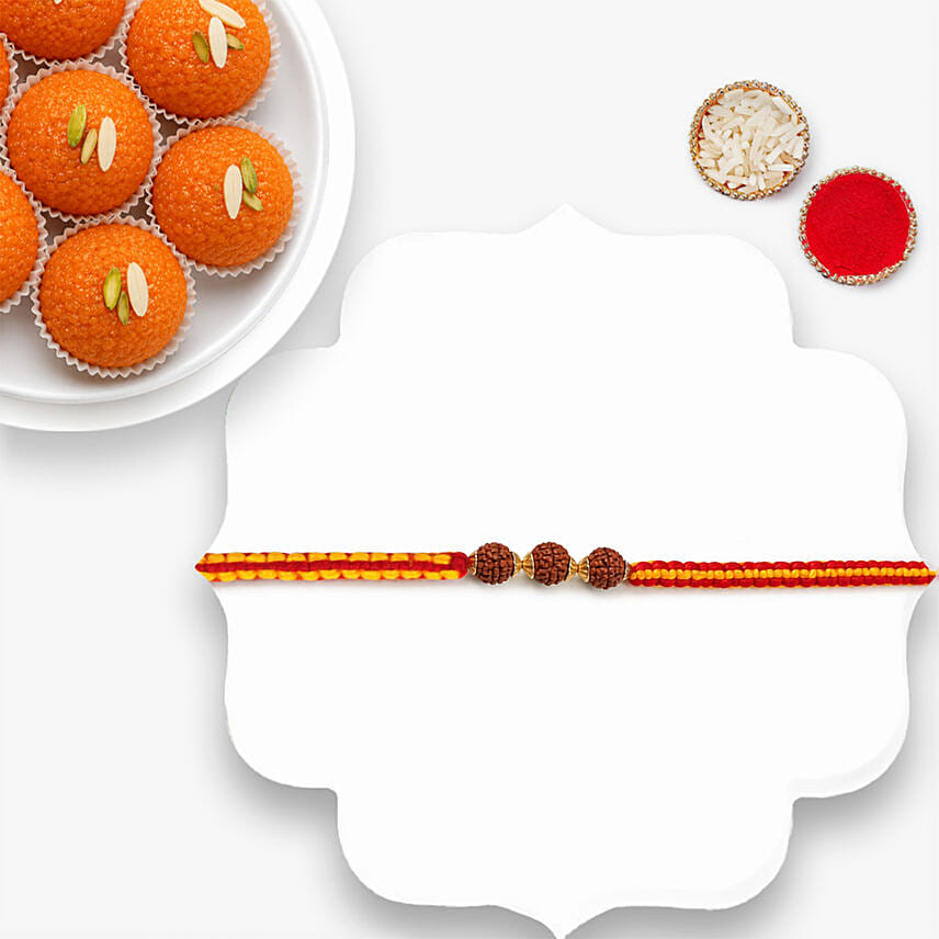 Traditional Rudraksha Rakhi With Motichoor Laddoo