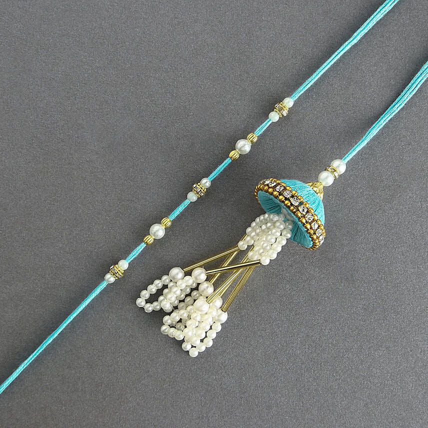 Tranquil Teal Jhumar Bhaiya Bhabhi Pearl Rakhi Set