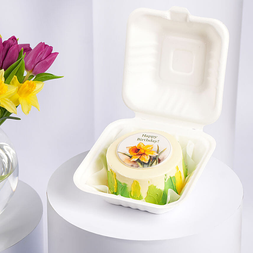Tulips and Daffodils Beauty in Fish Bowl With Bento Cake
