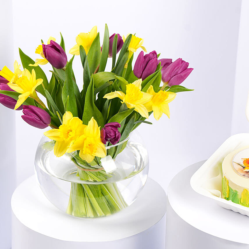 Tulips and Daffodils Beauty in Fish Bowl With Bento Cake