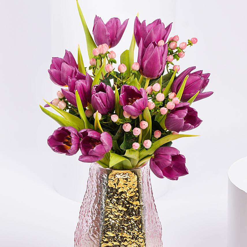 Tulips and Hypericum in Premium Vase