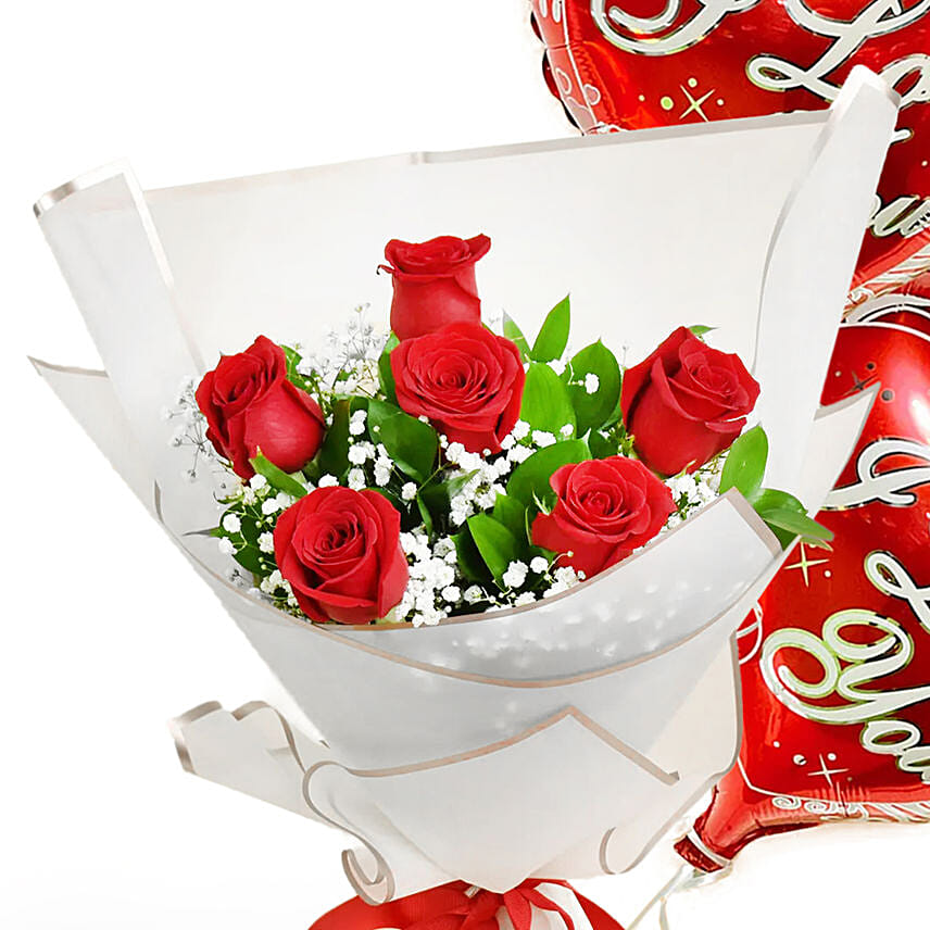 Valentine 6 Roses Bouquet With Balloons