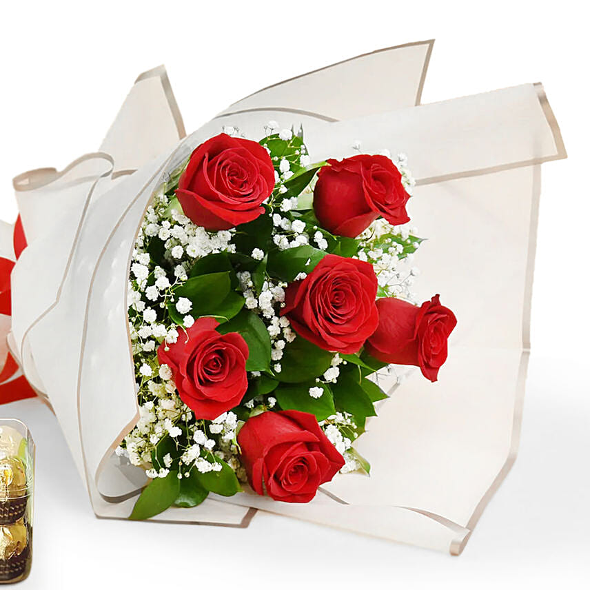6 Red Rose Beauty Bouquet With Ferrero Rocher