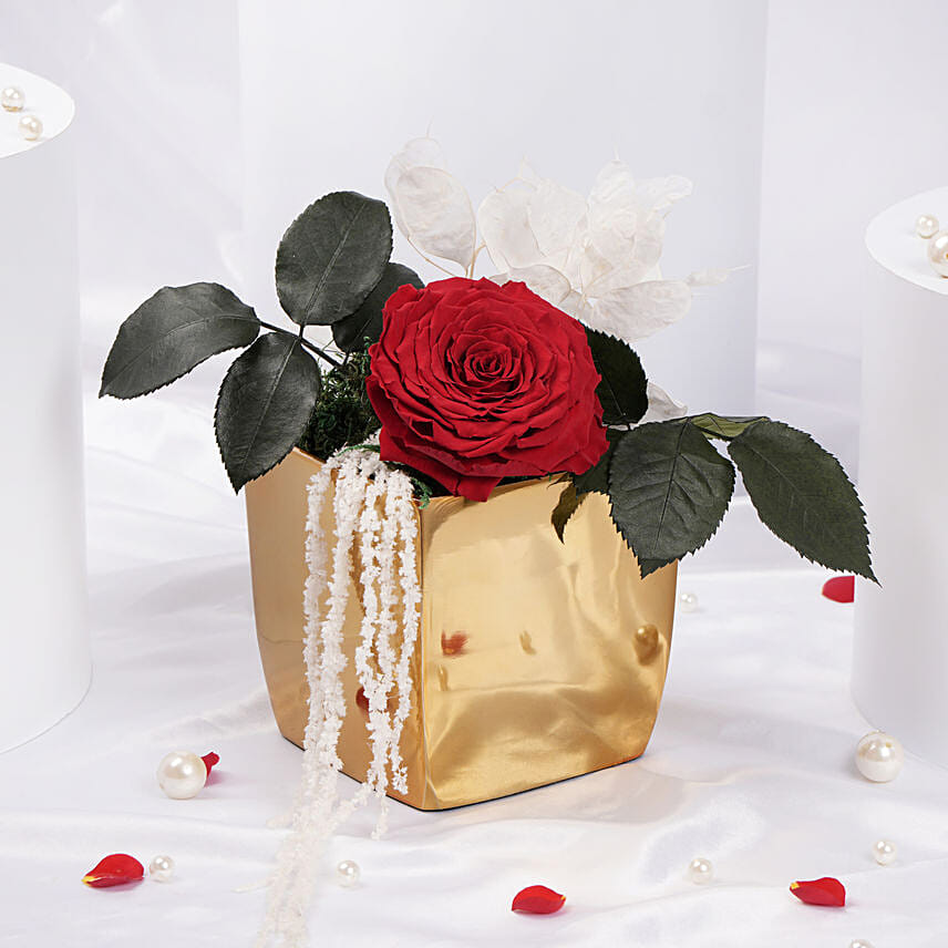 Red Forever Rose Large Gold Metal Vase