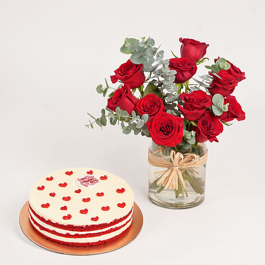 Valentines Red Velvet Cake with Roses in Vase