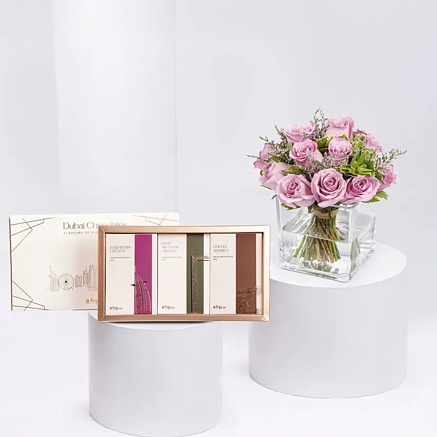 Vase Of Royal Purple Roses With Dubai Chocolates