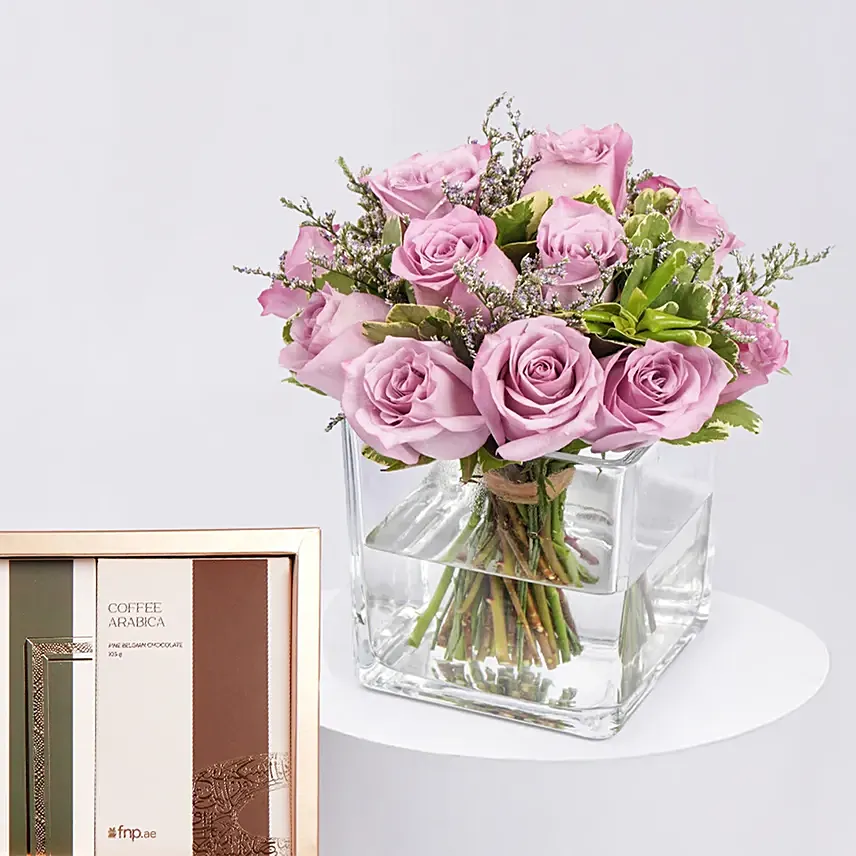 Vase Of Royal Purple Roses With Dubai Chocolates