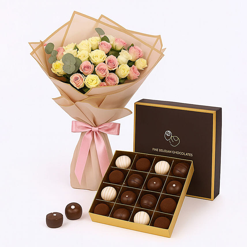 White And Pink Baby Roses Bunch with Truffle Chocolate Combo