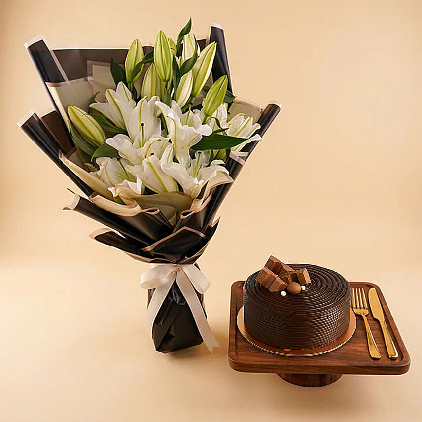 White Lily Bouquet And Cake Combo