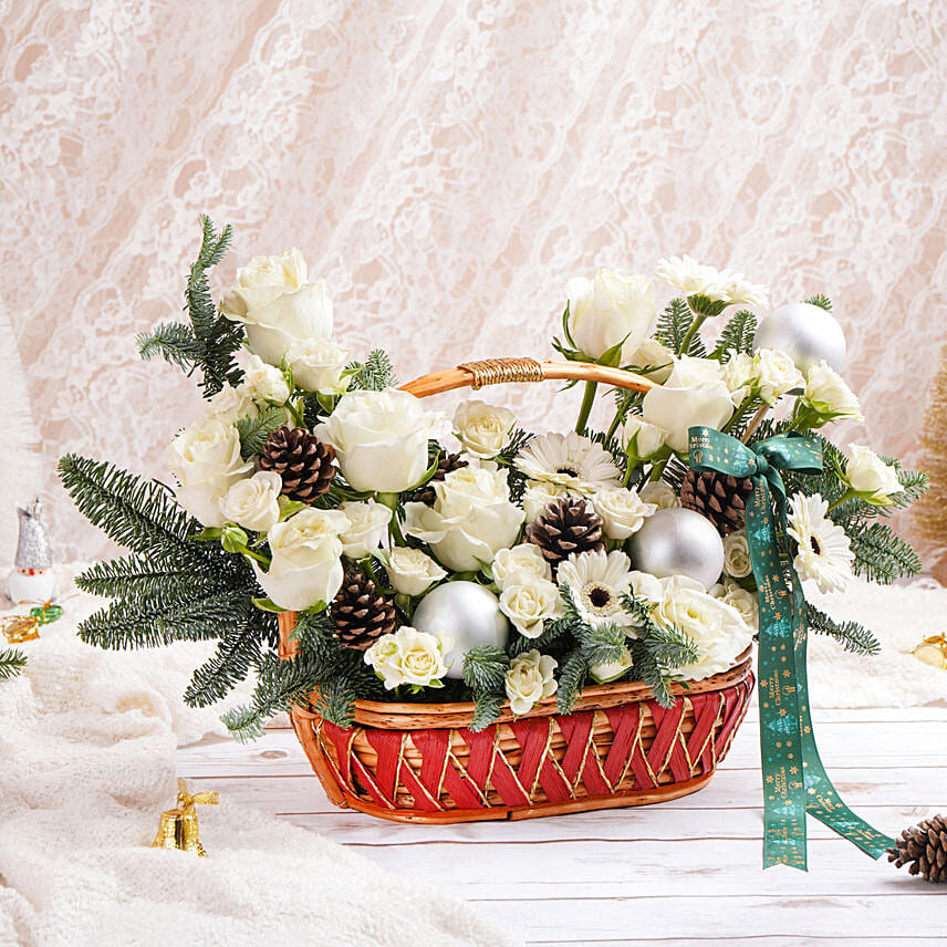 White Wineter Flowers Basket