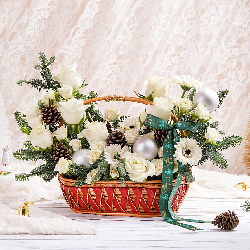 White Wineter Flowers Basket