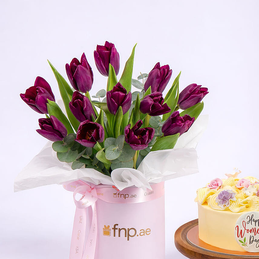 Womens Day Cake And Tulips Arrangement Combo
