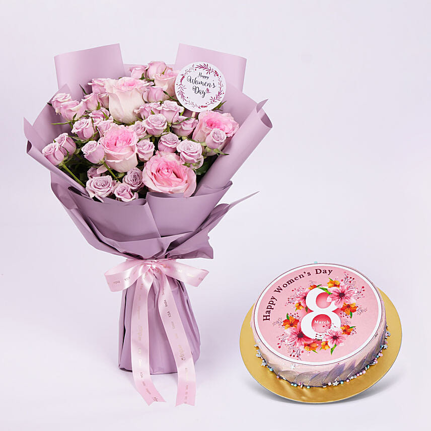 Womens Day Chocolate Cake with Bouquet of Mixed Flowers Combo